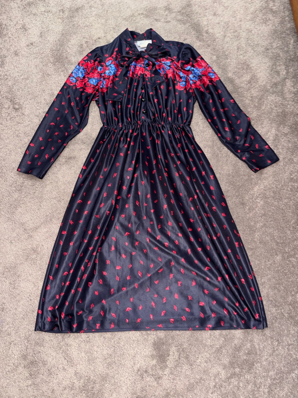 Lucky Winner Vintage Midi Dress Floral Polka Dot Bow Tie Neck SIZE 2